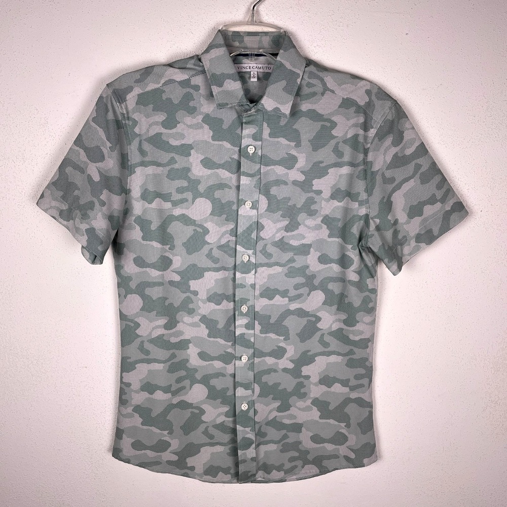 Vince Camuto Shirt Mens Small Camouflage Print Short Sleeve Button Up Camo Green